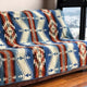 A patterned blanket with blue, red, and beige geometric designs drapes over a brown sofa. It's indoors near a window overlooking a cityscape.