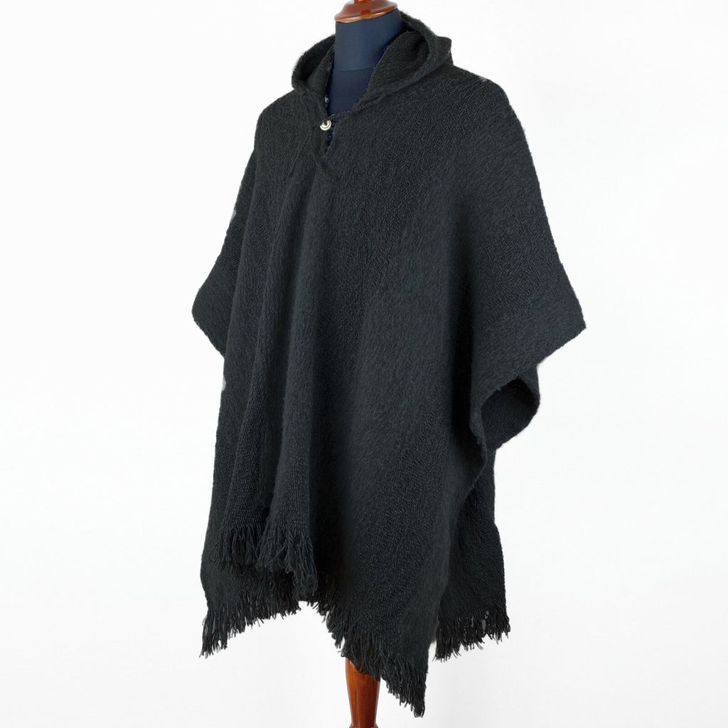 Llama Wool Unisex South American Handwoven Hooded Poncho - solid black ...