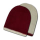 Two woolen beanie hats, one burgundy and one cream, are laid flat against a plain white background. The burgundy hat slightly overlaps the cream one.
