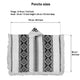Poncho displayed flat with geometric patterns, features fringed edges. Measurements: 118 cm (46.5 inch) wide, 90 cm (35.5 inch) tall. Hood: 34 cm (13 inch) height x 24 cm (9.5 inch) deep. Fringe: 9-10 cm (3.5-4 inch).