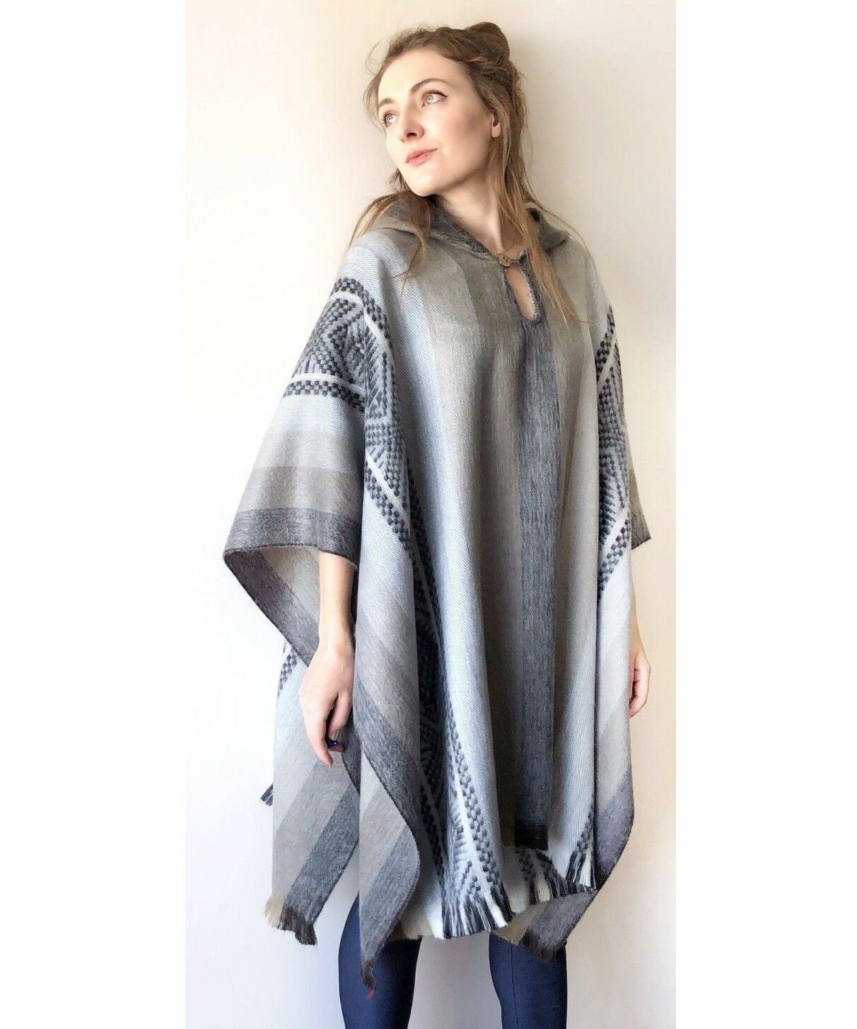 Lightweight Baby Alpaca Wool Unisex Hooded Poncho Pullover - Gray ...