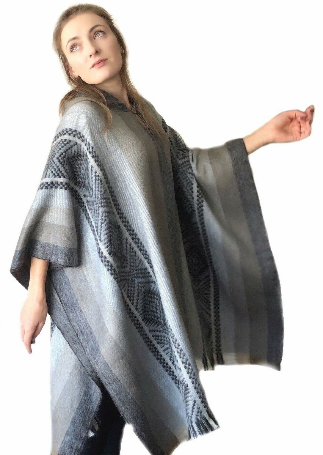 Lightweight Baby Alpaca Wool Unisex Hooded Poncho Pullover - Gray/Brown ...