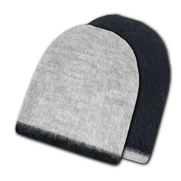 Two overlapping beanies, one light gray and the other dark gray, lie flat against a plain white background, displaying their soft, knitted texture.