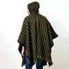Llama Wool Unisex South American Handwoven Hooded Poncho - thin stripes - black/pistachio