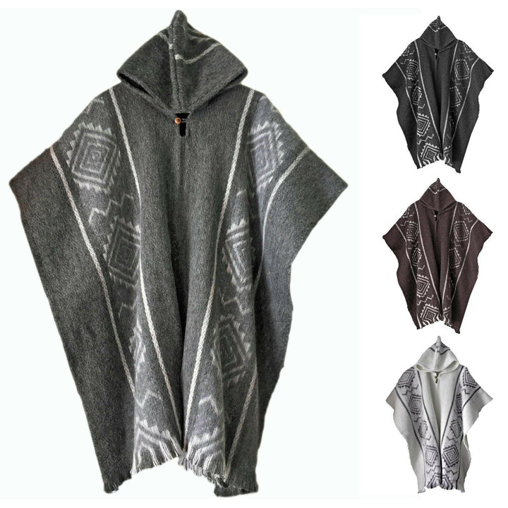 A hooded poncho with geometric patterns hangs; three smaller images show color variations: dark gray, brown, and light gray. The design features intricate lines and shapes.