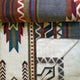 A folded blanket displays vibrant geometric patterns in red, blue, green, and white. It is laid out on a surface, with overlapping edges revealing differing parts of the design.