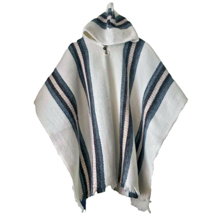 A hooded striped poncho hangs against a plain white background, featuring wide dark blue and narrow light beige vertical stripes over a cream-colored fabric.