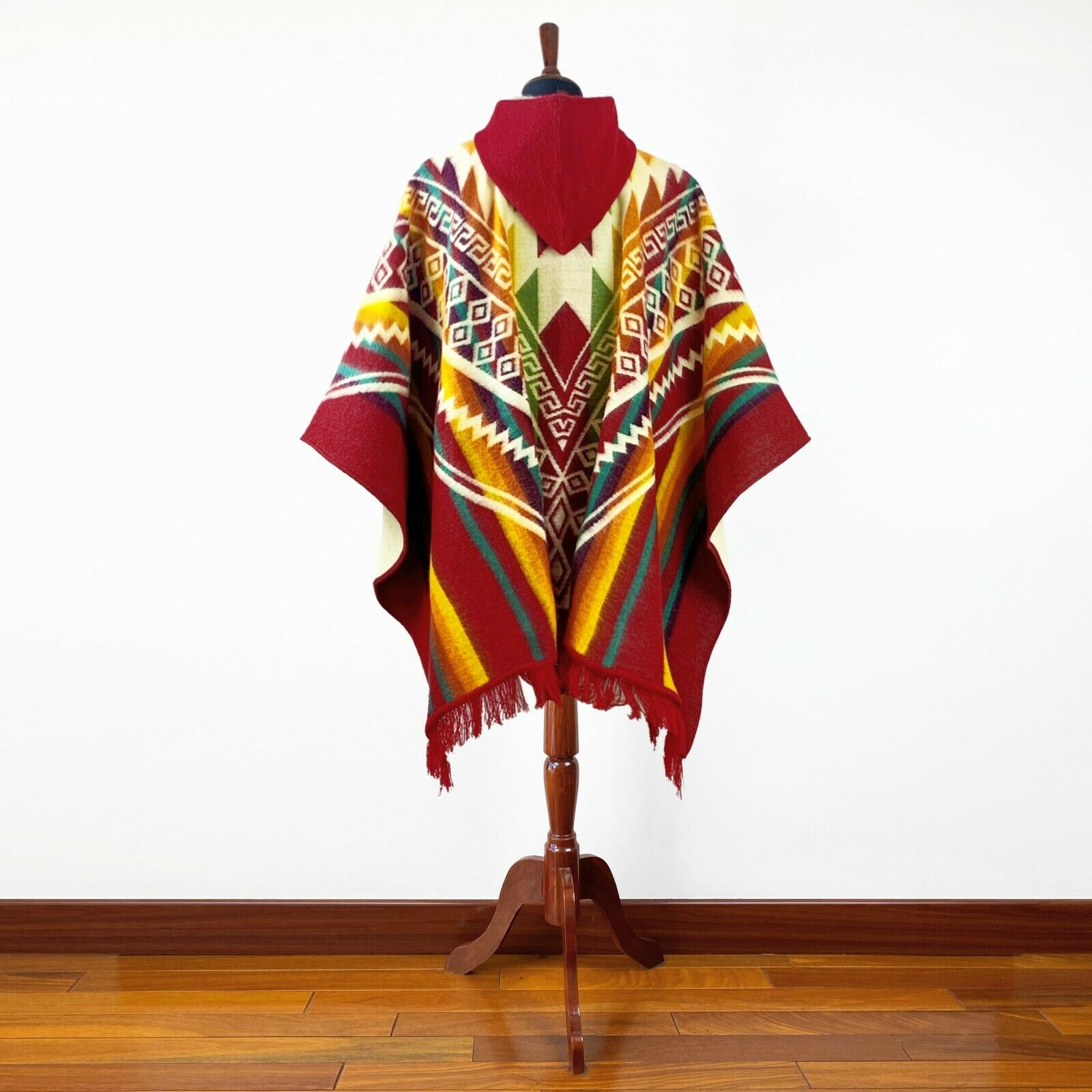 Guismi - Baby Alpaca wool Hooded Unisex Poncho XXL - Aztec pattern - RED
