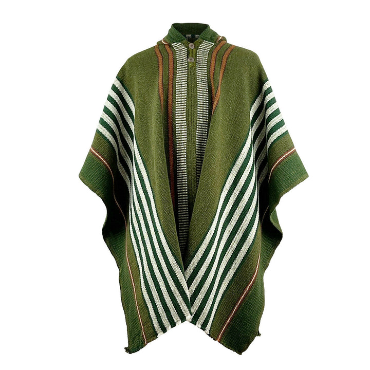 A green poncho hangs against a plain background. It features vertical and diagonal white and brown stripes, with buttons at the collar, evoking a traditional, handcrafted style.