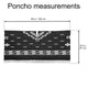 Clint Eastwood alpaca wool poncho – poncho with white geometric patterns is displayed, measuring 59 inches (150 cm) wide and 34 inches (87 cm) high. Fringed bottom edge. Text reads: Poncho measurements