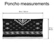 Clint Eastwood alpaca wool poncho – poncho displayed flat with geometric patterns and fringe edges. Measurements indicated: 59 inches (150 cm) wide and 37 inches (95 cm) tall. Text reads: Poncho measurements