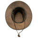 A brown suede hat is shown upside down with a wide brim and an adjustable chin strap, resting on a plain white background.