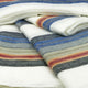 Siguitag alpaca wool throw blanket – blanket with multicolored horizontal stripes, including blue, orange, and gray, is folded and layered. Positioned in a close-up view, highlighting the texture and pattern