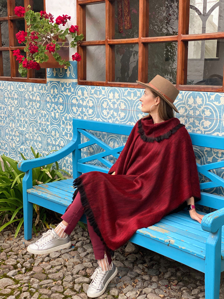 Tundayme - Lightweight Baby Alpaca Collared Poncho - Deep Red - Unisex ...