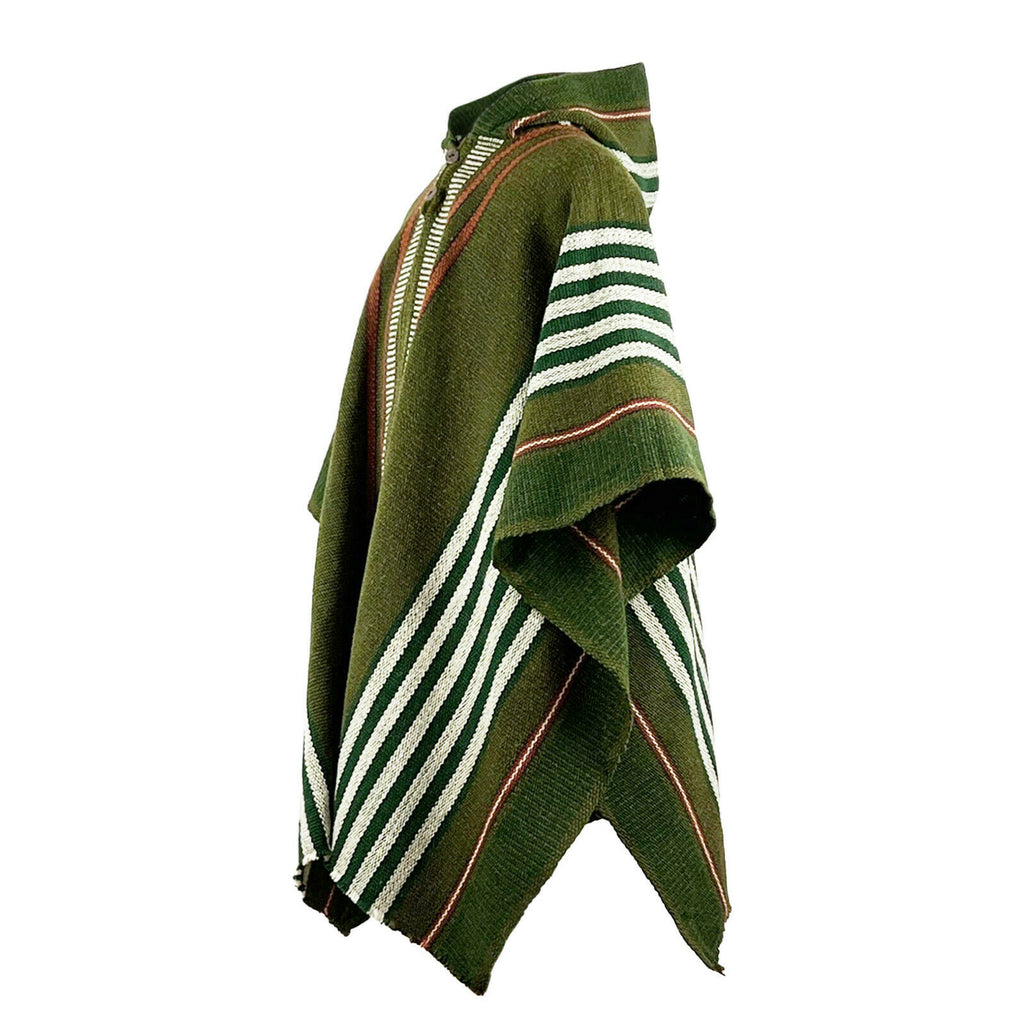 Llama Wool Unisex South American Handwoven Hooded Poncho - olive