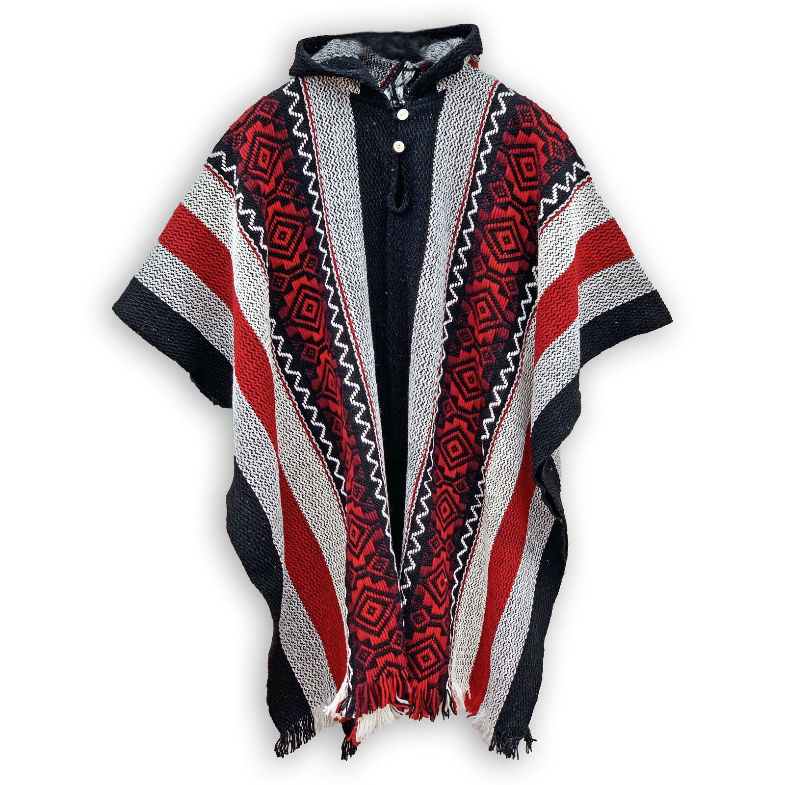 Llama Wool Unisex South American Handwoven Poncho - striped pattern BLACK/WHITE/RED with red diamonds