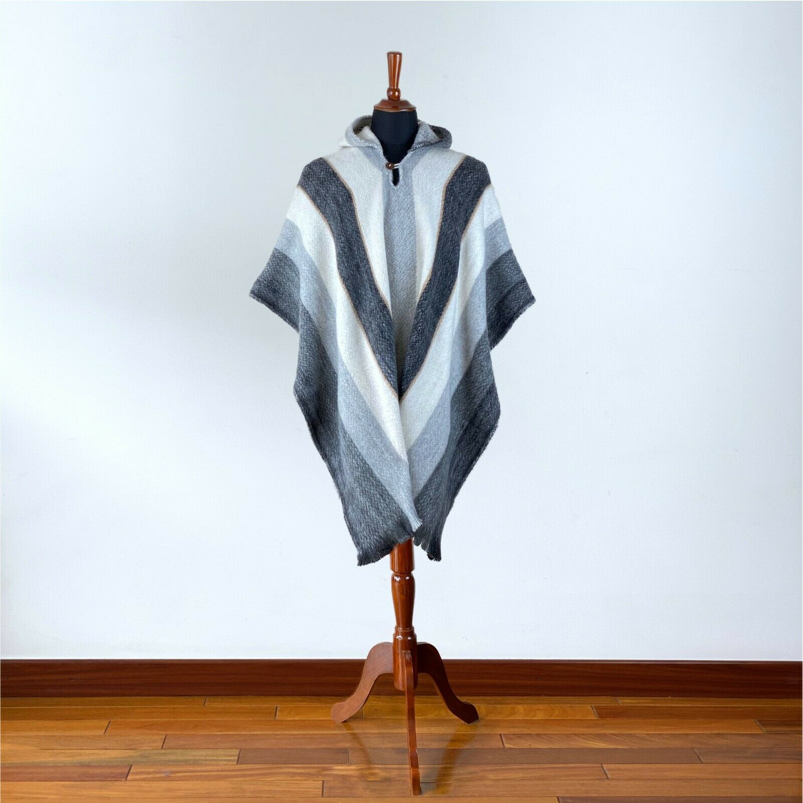 Llama Wool Unisex South American Handwoven Poncho - striped pattern white/gray/black