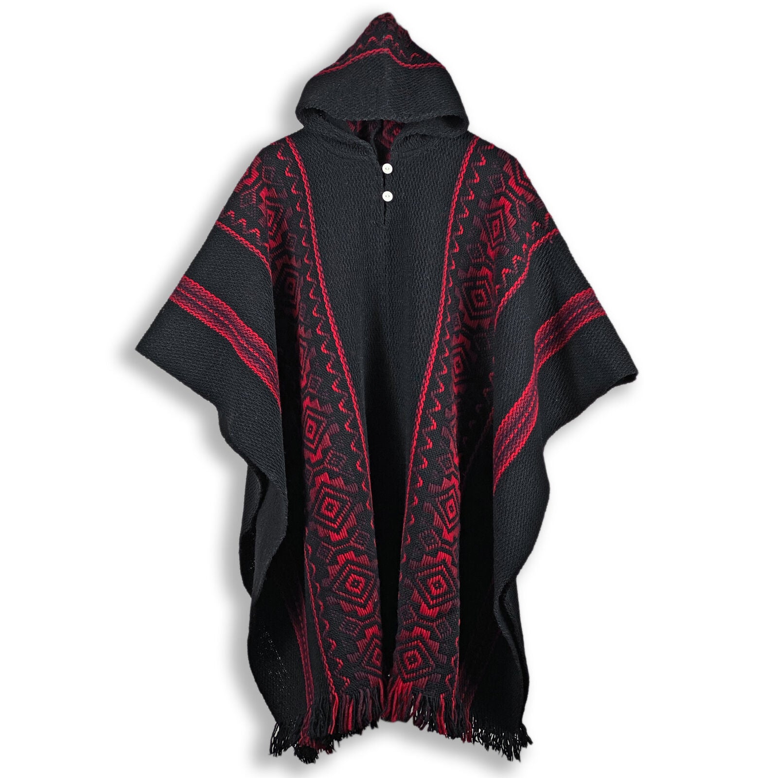 Llama Wool Unisex South American Handwoven Hooded Poncho - solid black with red diamonds pattern