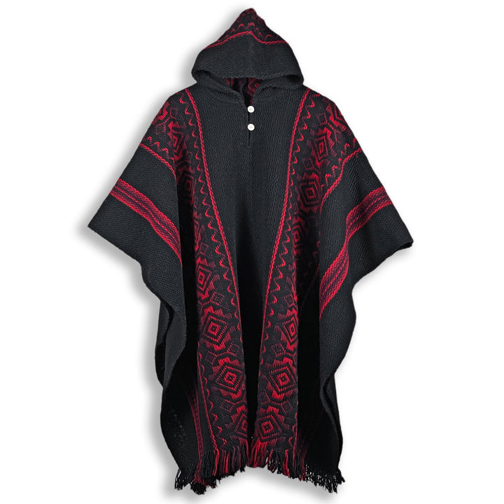 Llama Wool Hooded Poncho – hooded poncho displays a geometric red pattern on black fabric with three white buttons, featuring fringed edges. It hangs against a plain white background
