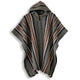 Llama Wool Hooded Poncho – a striped, gray poncho with a hood hangs against a white background. The stripes are red, black, and white, providing a simple yet elegant pattern