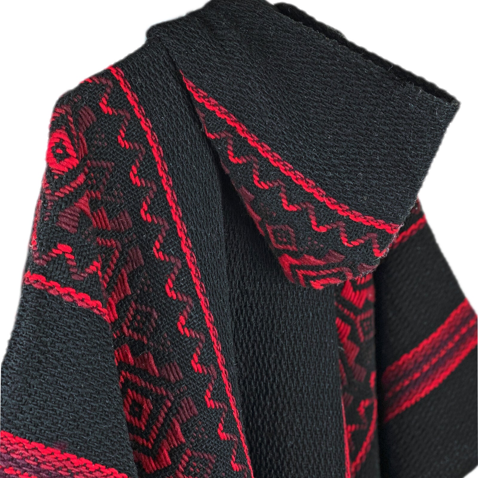 Llama Wool Unisex South American Handwoven Hooded Poncho - solid black with red diamonds pattern