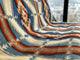 A blanket with a geometric, colorful pattern drapes smoothly across a surface. It features blue, red, and cream hues, with a faint cityscape visible through a window in the background.