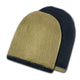 Two textured beanies, one in tan and the other in dark gray, overlap slightly. The background is plain white, emphasizing the color and texture of the hats.