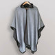 Gray cloak with black trim hanging on a wooden hanger, featuring a hood and two large buttons at the neckline. Displayed against a plain light background.