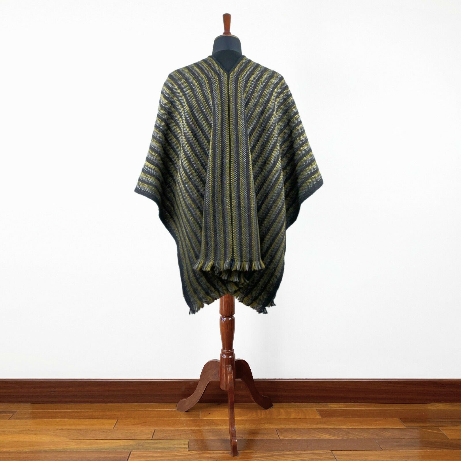Llama Wool Unisex South American Handwoven Serape Poncho - thin stripes - black-pistachio