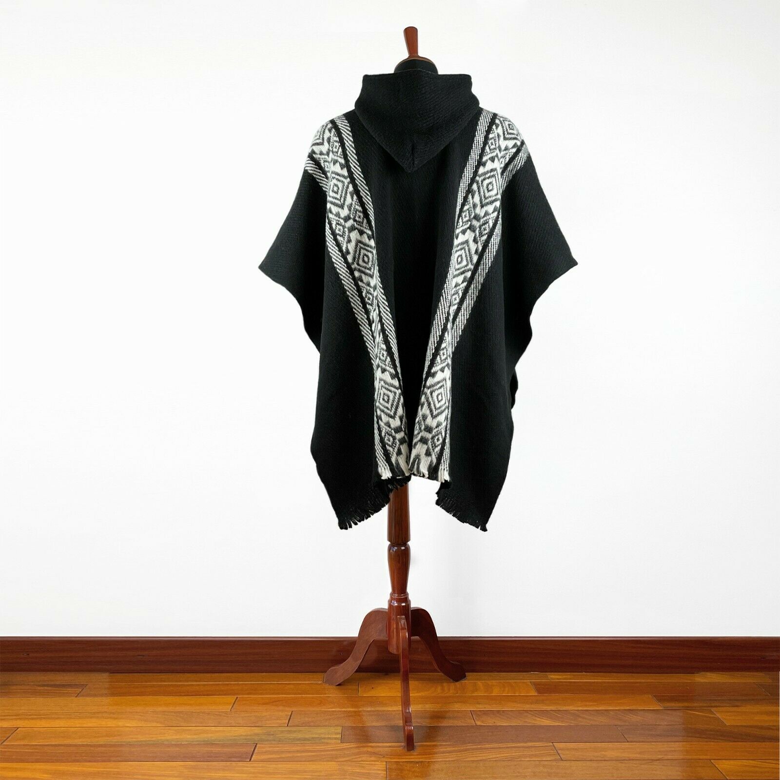 Wintza - Llama Wool Unisex South American Handwoven Hooded Poncho - black with white diamonds pattern