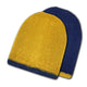 Two fuzzy beanies overlap, one golden yellow and the other dark blue, set against a plain white background.