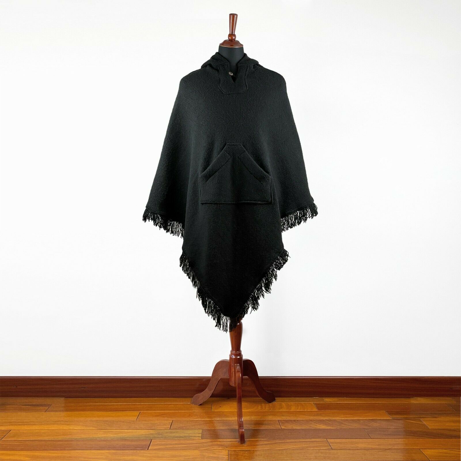 Extra Large Surfers Poncho with hood and pocket llama wool - BLACK
