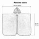 A hooded poncho with dimensions 118 cm/46 inches wide and 83 cm/33 inches long is displayed. The text Poncho sizes is at the top, delineating size references.