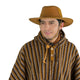 A person wears a wide-brimmed brown hat and a striped, woven poncho with earthy tones. The background is plain white, highlighting the attire's texture and details. No text is present.