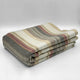 Ducur baby alpaca wool blanket – a folded, striped blanket rests neatly on a plain surface. The stripes are in soft hues of cream, grey, pink, and beige, creating a warm, cozy appearance