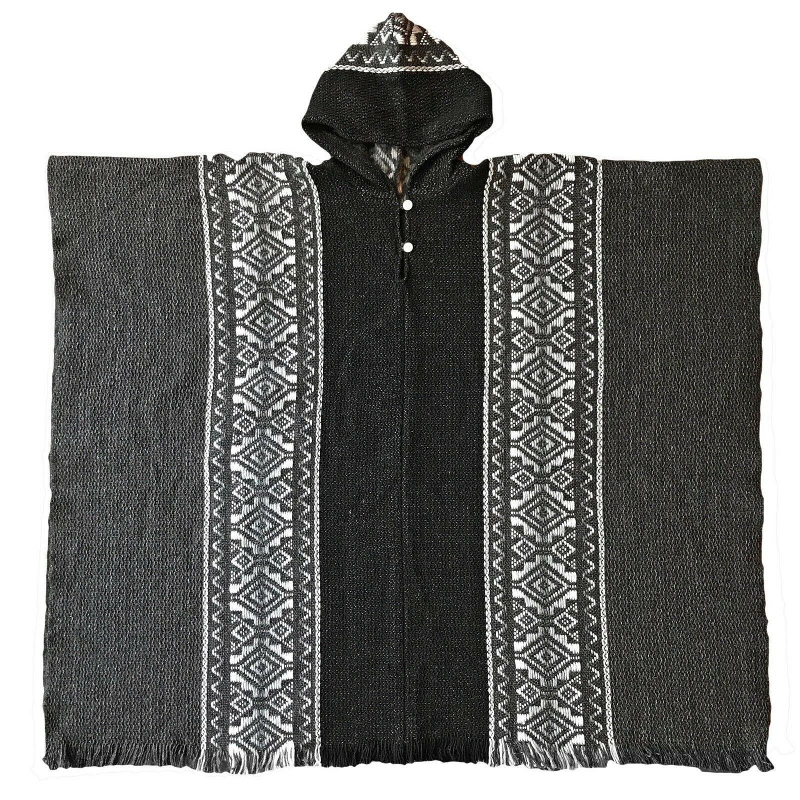 Llama Wool Unisex South American Handwoven Hooded Poncho - black/dark gray with diamonds pattern