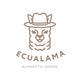 Latacunga alpaca wool throw blanket – a stylized llama wearing a hat is centered, above text reading Ecualama and AUTHENTIC GOODS, positioned against a plain white background