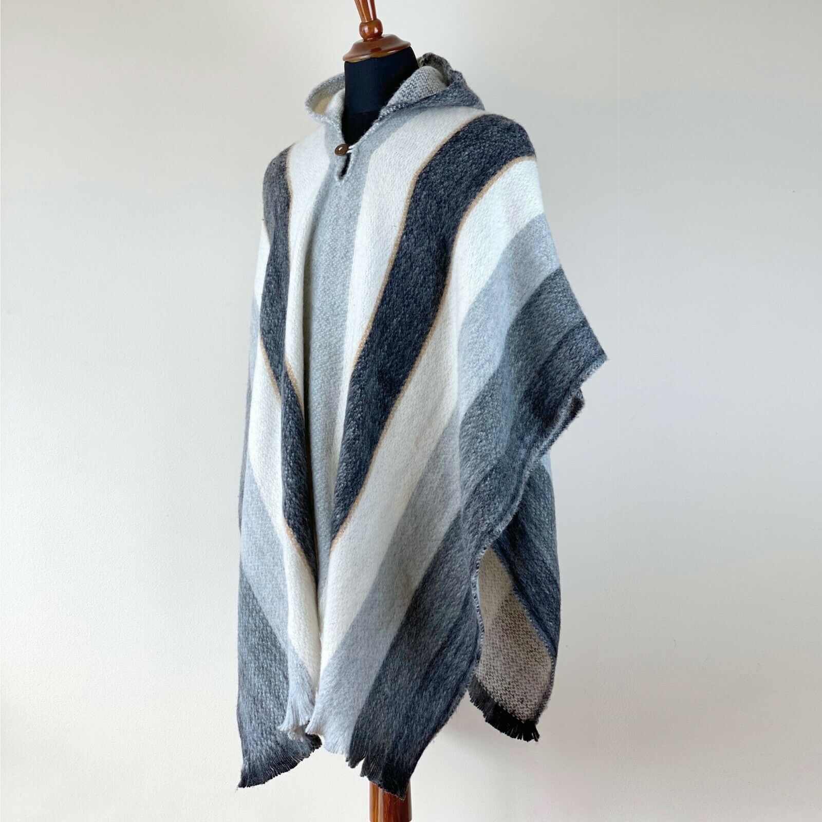 Llama Wool Unisex South American Handwoven Poncho - striped pattern white/gray/black
