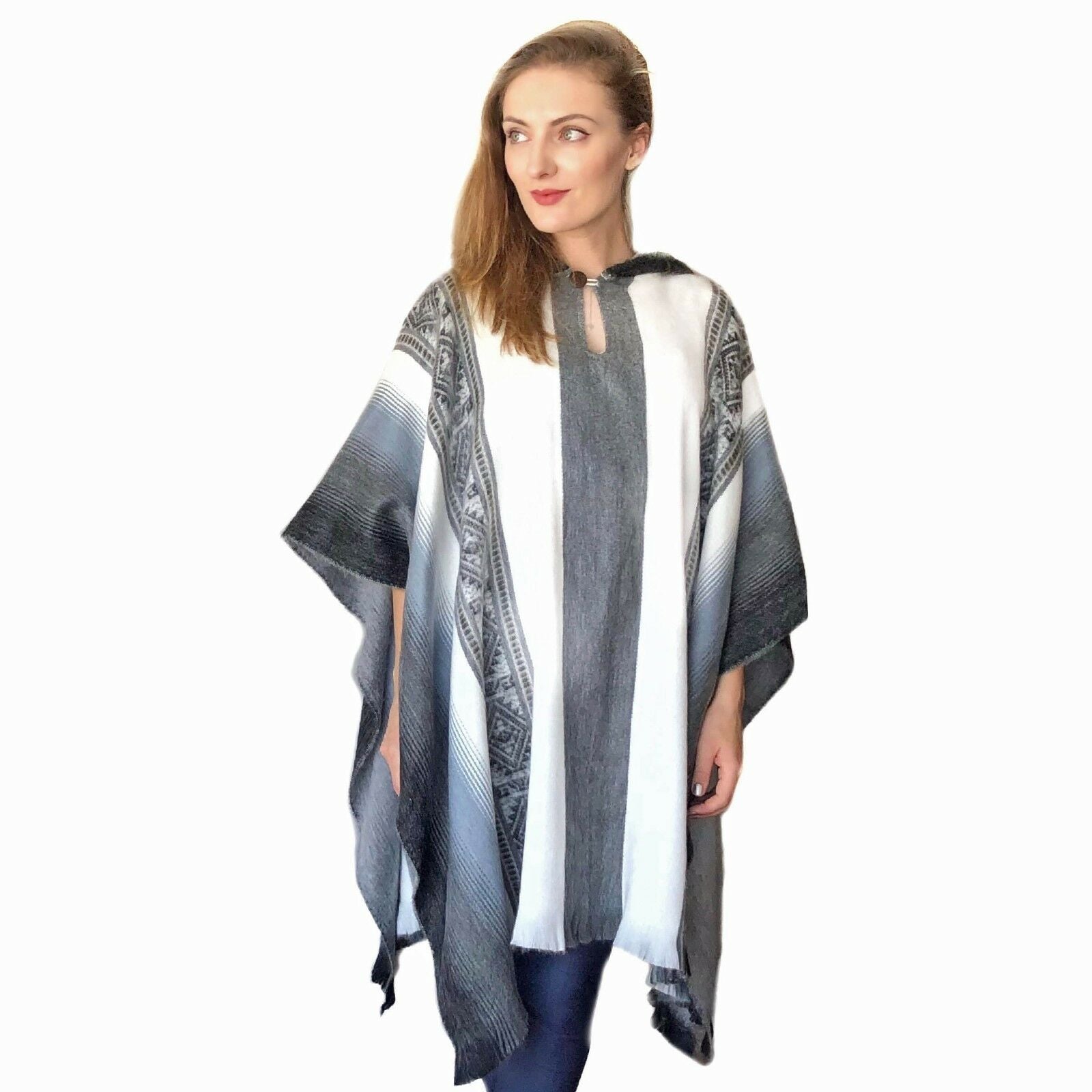 Lightweight Baby Alpaca Wool Unisex Hooded Poncho Pullover -White/Gray ...