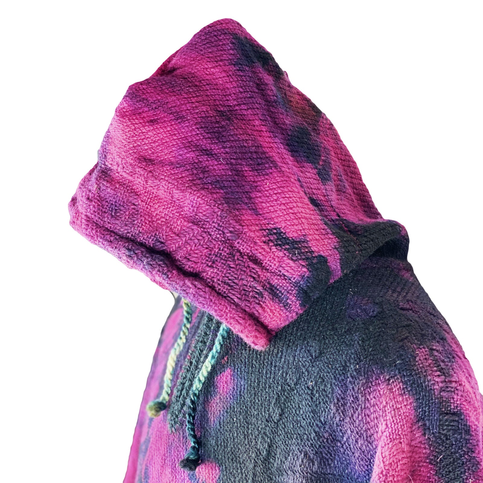 Llama Wool Unisex South American Handwoven Hooded Poncho - black/purple/blue/red abstract pattern