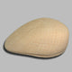 A woven straw cap rests on a plain gray background, showcasing a smooth, rounded shape and intricate weaving pattern.