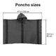 A gray poncho with a hood is laid flat, featuring measurements: 47 inches (120 cm) wide, 33.5 inches (85 cm) high. The text reads Poncho sizes.