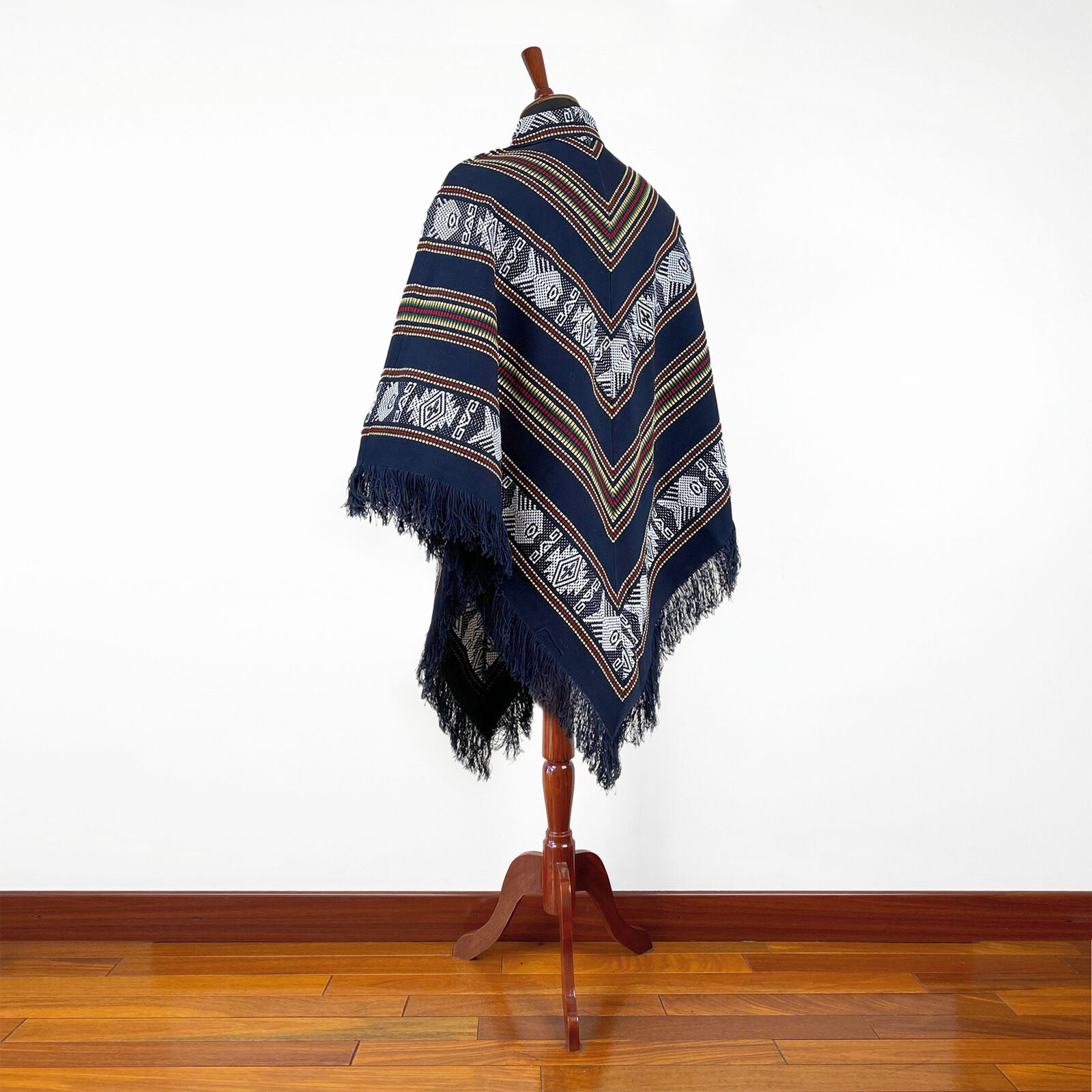 Nangaritza - Alpaca wool Serape Poncho with scarf - Piranha pattern - Navy Blue - Unisex