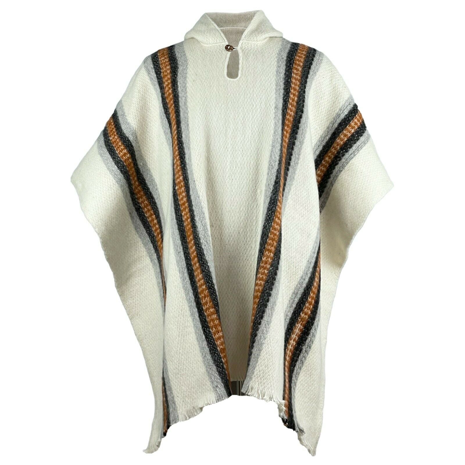 Pullaguari - Llama Wool Unisex South American Handwoven Poncho - white - striped pattern