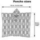 A striped poncho with a hood is displayed flat, measuring 116 cm (45 inches) in width and 90 cm (35 inches) in height. Text: Poncho sizes.