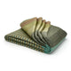 Cojitambo alpaca wool throw blanket – a folded wool blanket displays a striped pattern of multicolored hues, primarily greens and oranges, set on a clean, white background