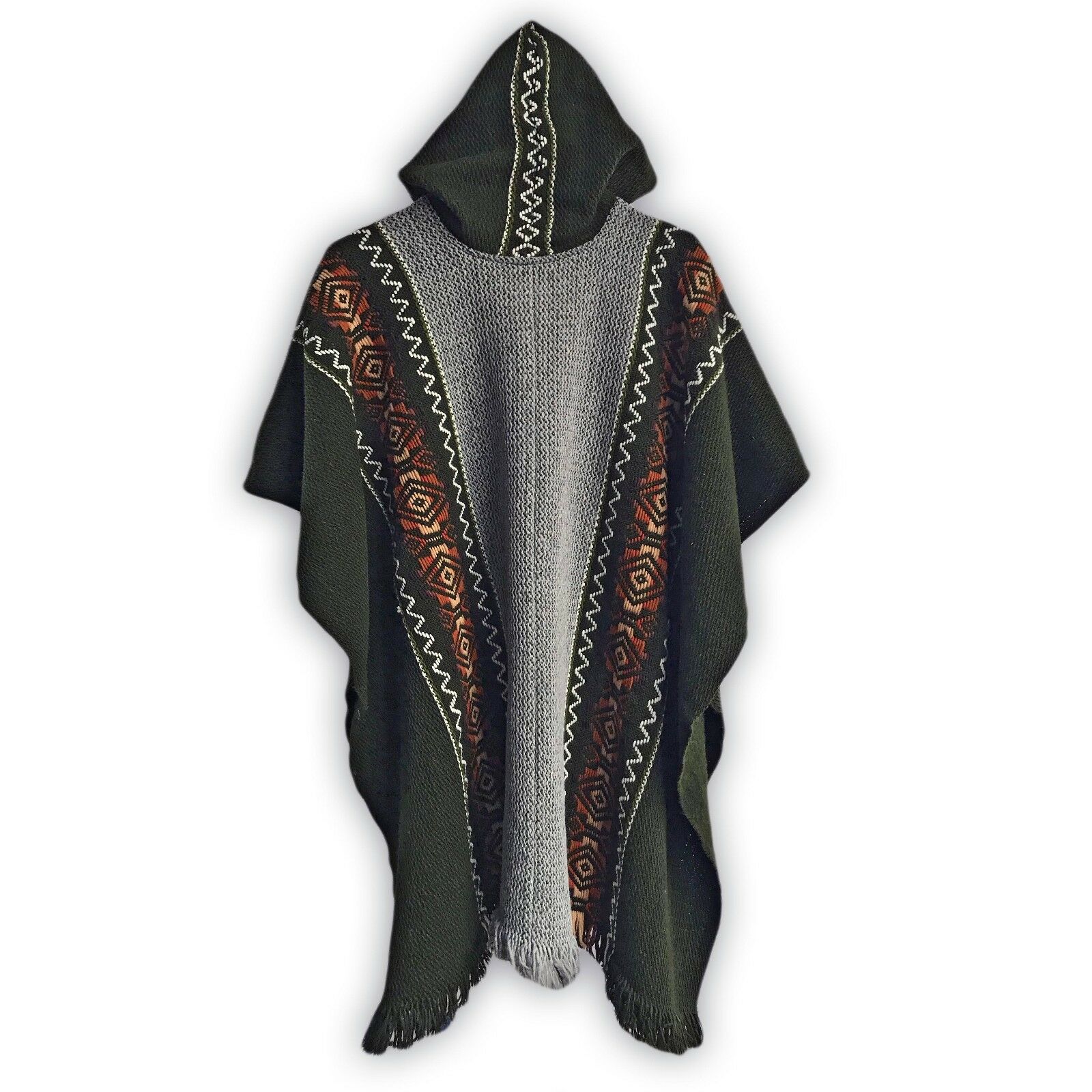 Llama Wool Unisex South American Handwoven Hooded Poncho - solid olive green with diamonds pattern