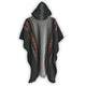 Llama Wool Hooded Poncho – a hooded poncho displays geometric patterns in brown and white on a gray and green background. The poncho hangs freely against a plain, white backdrop