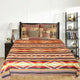 A bed with a colorful, patterned blanket and plaid pillows is the focal point. It's flanked by a bedside table with a lamp and a bookshelf holding various objects.