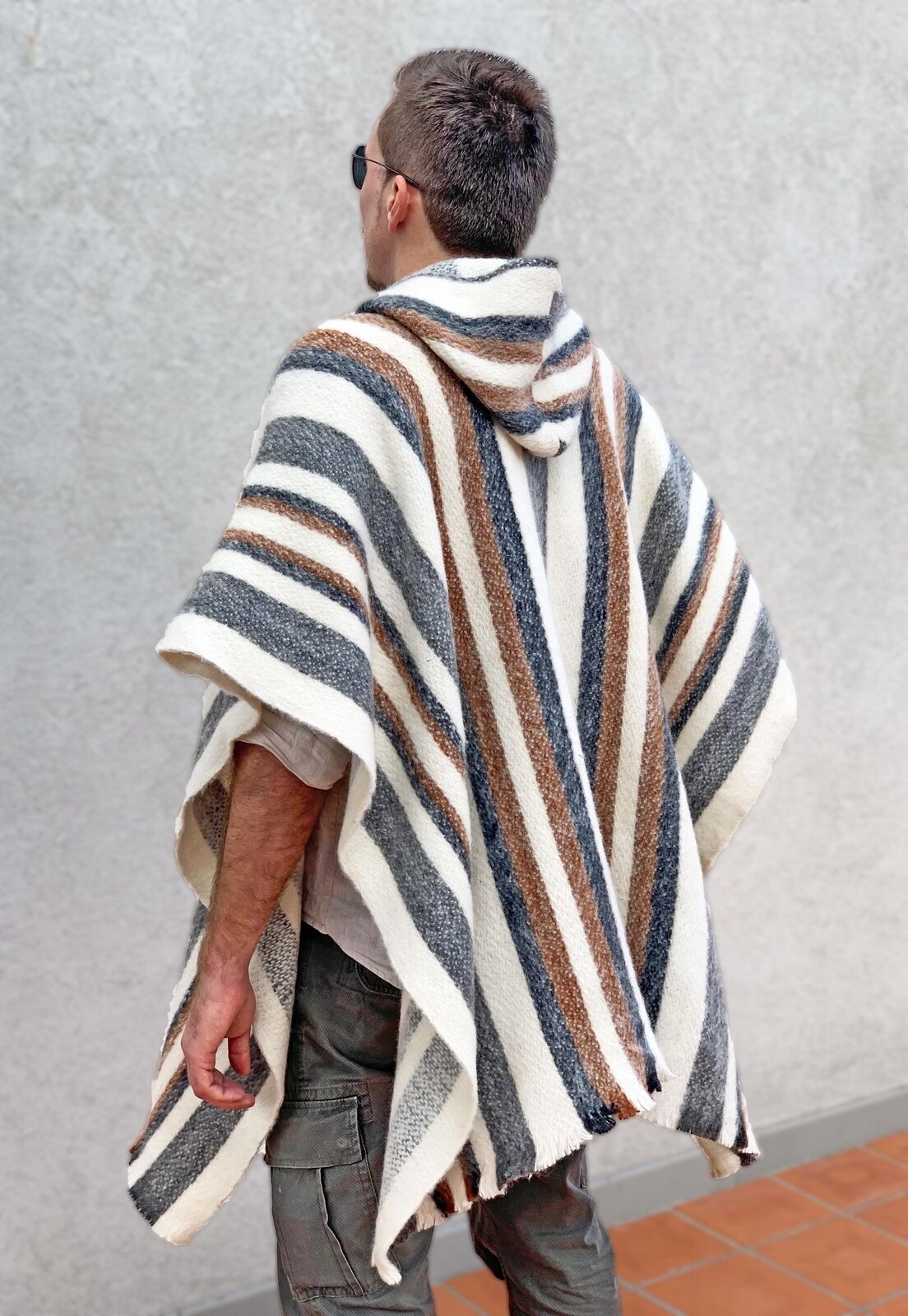 Llama Wool Unisex South American Handwoven Poncho - striped pattern